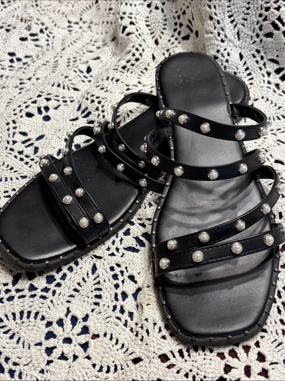A new day pearled black strapped flat sandals Size 11